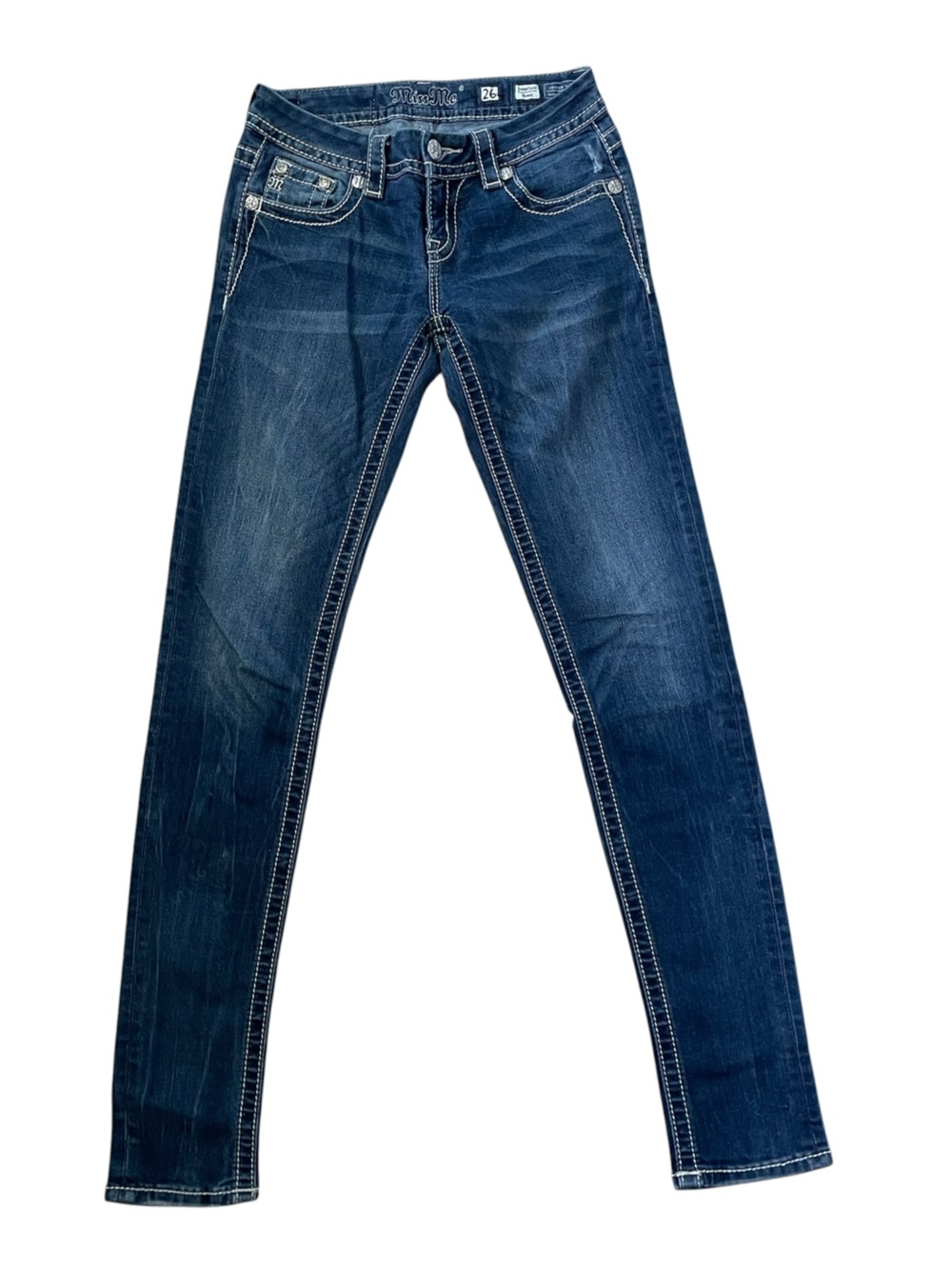 C35- Miss Me Jeans Womens 26 signature skinny Dark Blue Stretch Slim Jeans